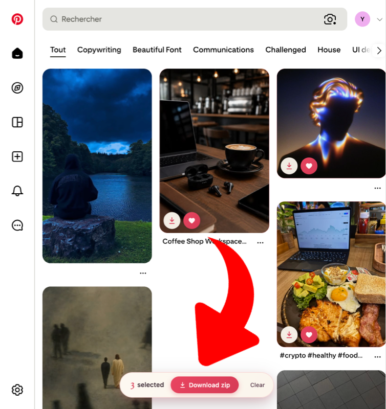 Several pins selected on Pinterest with a floating bar reading '3 selected - Download zip'.