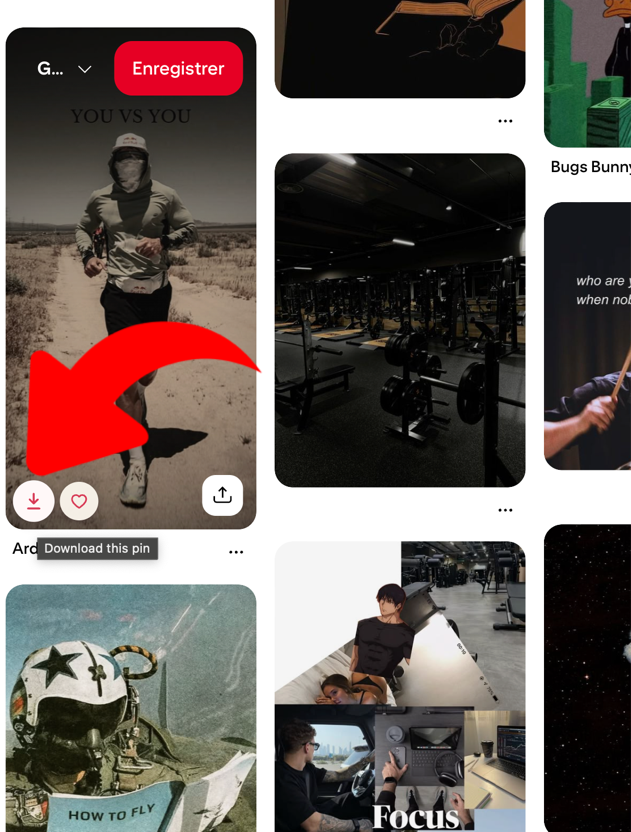 Hovering a pin on Pinterest reveals a download button, with a tooltip reading 'Download this pin'.