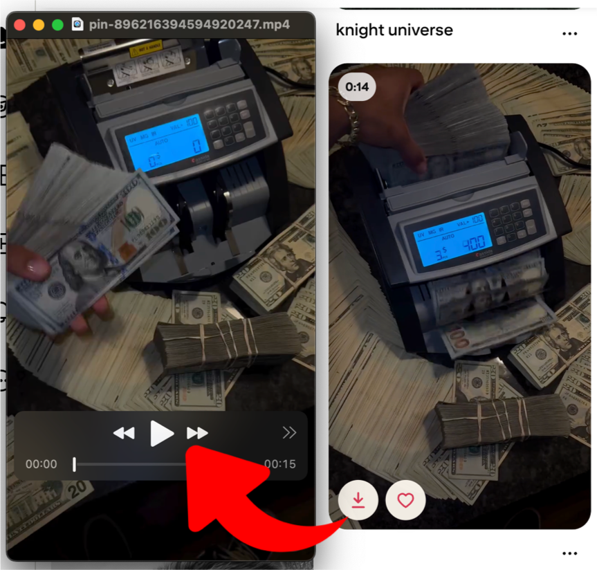 A Pinterest video pin next to the same video saved as a playable .mp4 file.