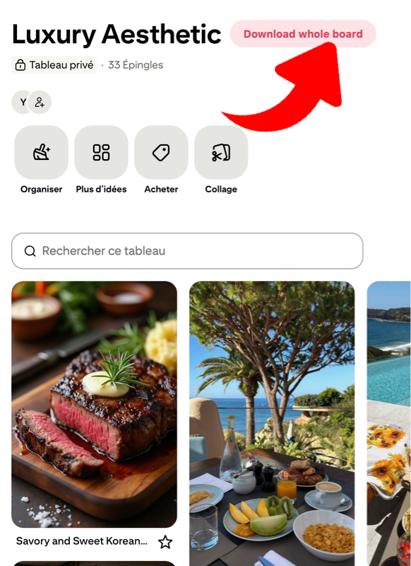 A Pinterest board page with a 'Download whole board' button next to the board title.